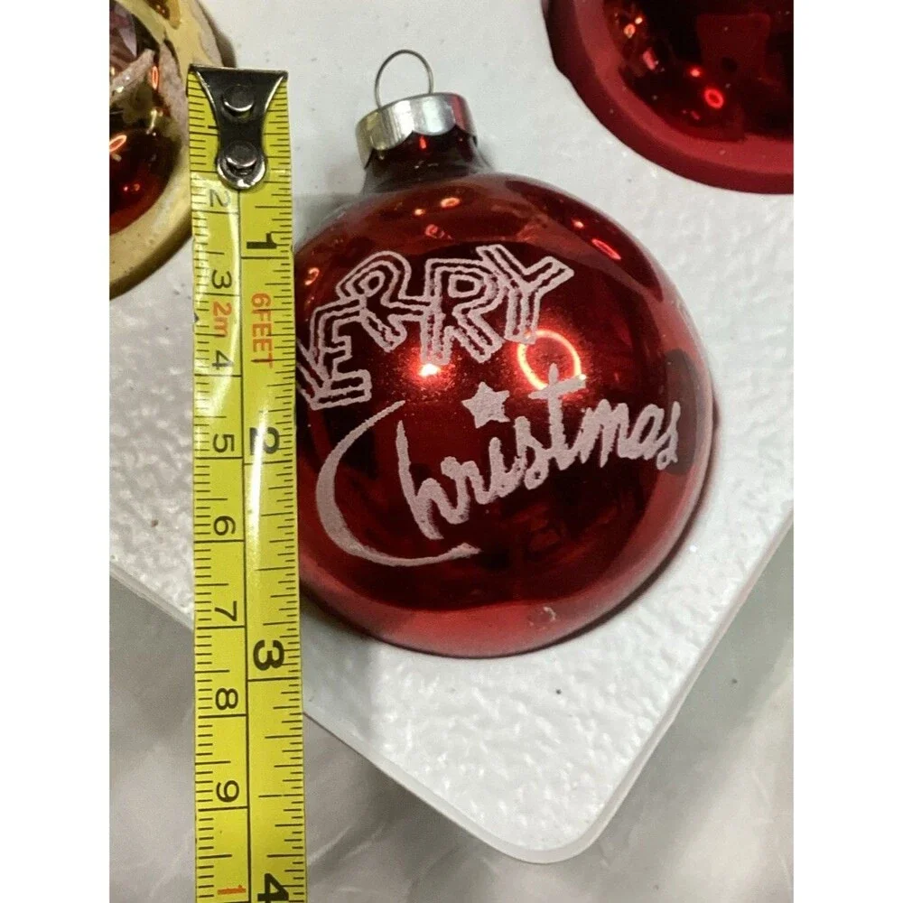 Vintage Mercury Glass Glitter Merry Christmas Ornaments Stenciled 1950s Pyramid